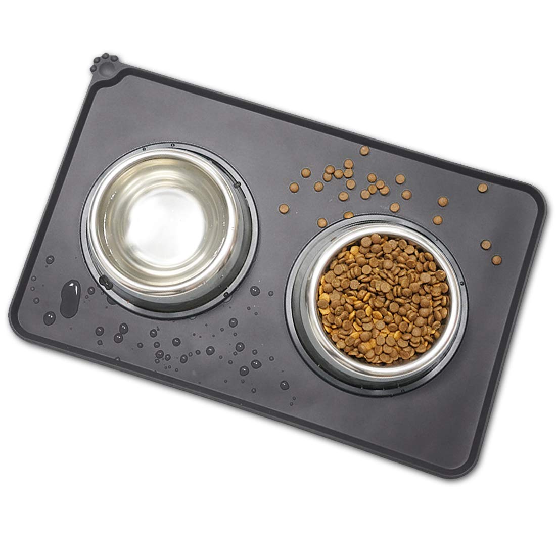 Kalevel Silicone Dog Cat Bowl Mat Non Slip Waterproof Pet Food Mat Tray Placemat with Raised Edges for Floor Medium Black