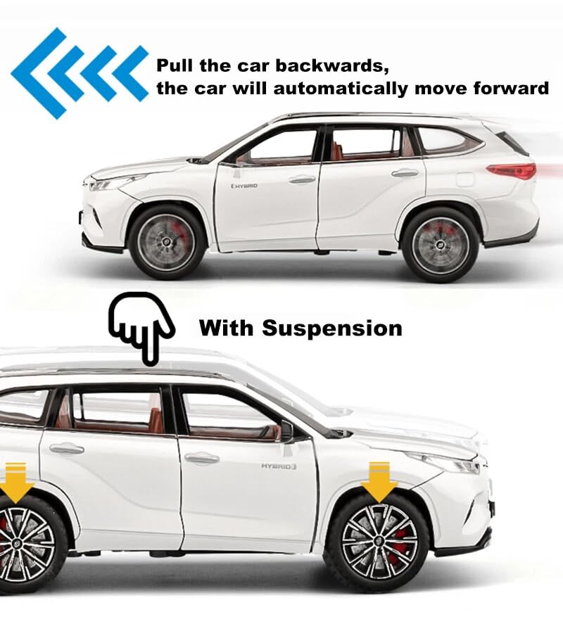 Image of 1:24 Toyota Highlander SUV Model Car - Alloy Diecast Pull Back Toy with Sound, Light & Openable Doors - Gift for Kids Boys Girls (White)