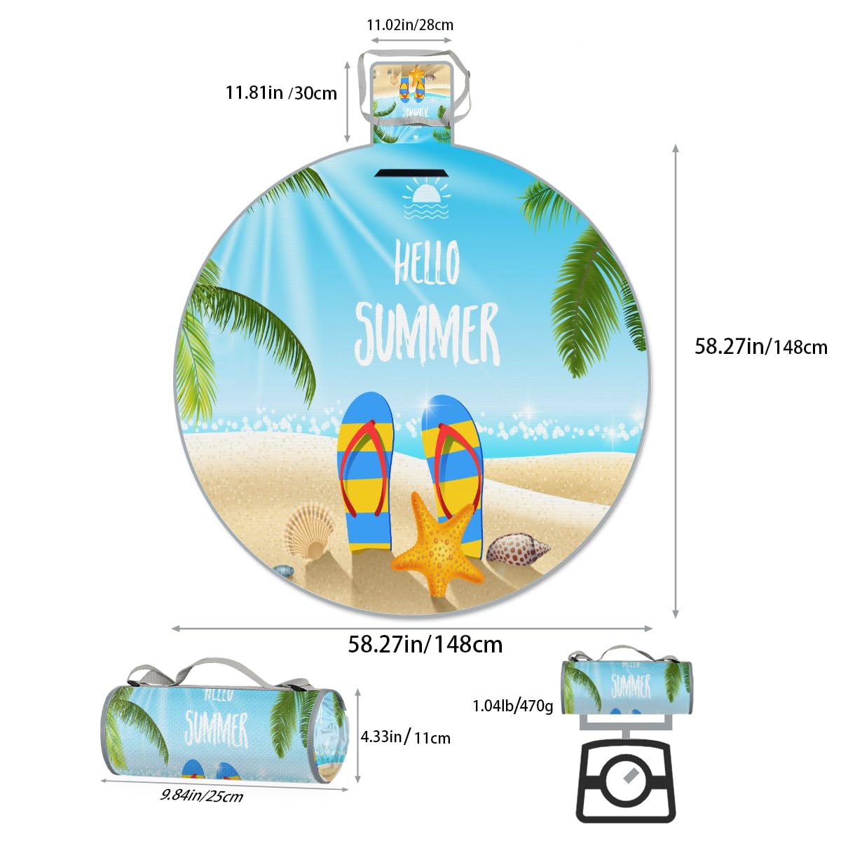 Shimoshe Summer Beach Starfish Picnic Outdoor Blanket Foldable Waterproof Sandproof Beach Blanket Portable Water-Resistant Round Picnic Mat for Travel Camping Park Lawn