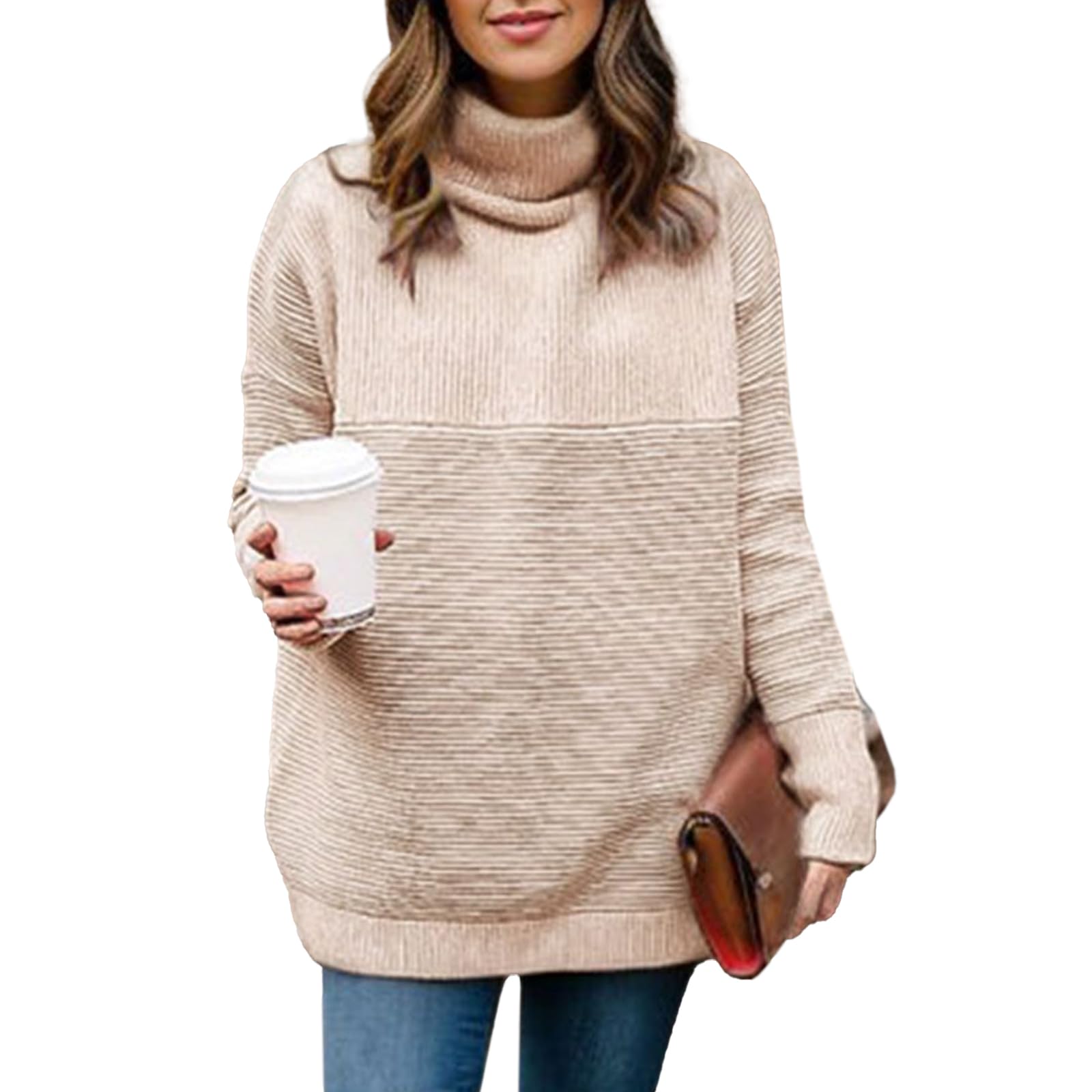 CHICWISH Womens Linen White Grey Cozy Ribbed Long Sleeve Turtleneck Knit Top Pullover Sweater