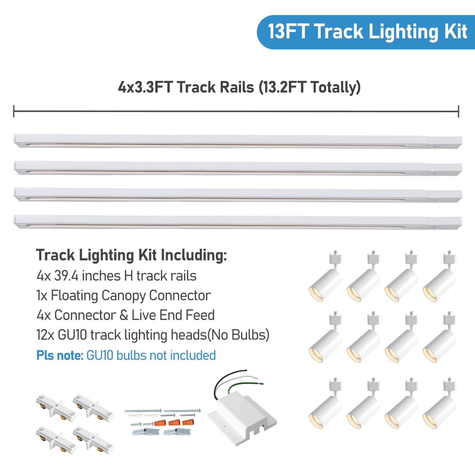 12-Light LED Track Lighting Kit – 13FT H-Type Rail With Floating Canopy Connector, GU10, Black (Bulbs Not Included)