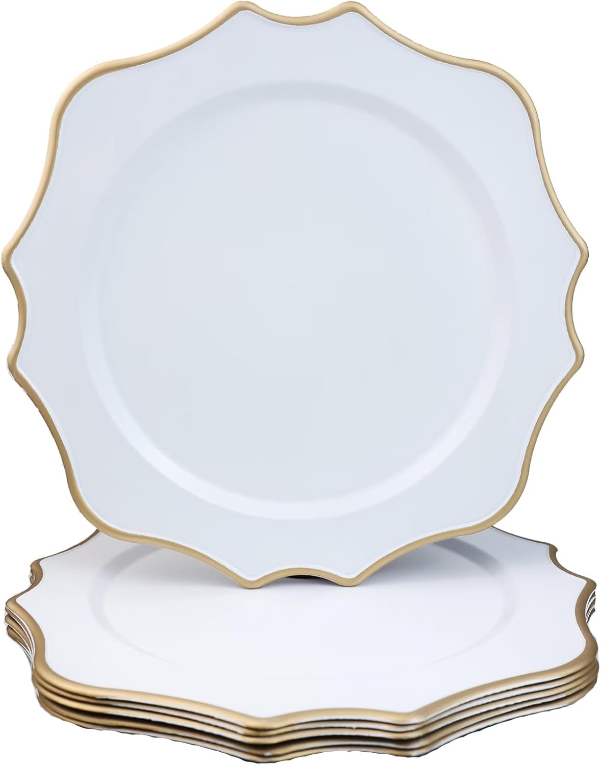 White Chargers for Dinner Plates, 13 Inch Scalloped Plastic Decorative Table Charge Service Plates Set of 6 for Wedding, Holiday, Thanksgivng, Christmas 6 White