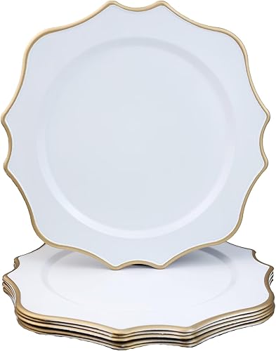 Omuriko Cargadores blancos antiguos para platos de cena, platos decorativos de plástico festoneado de 13 pulgadas, juego de 6 para bodas,