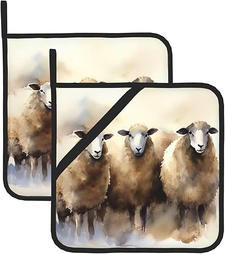 Miniatura 1 de 2 soportes para ollas con bolsillo para cocina, almohadillas calientes resistentes al calor para encimeras, ovejas, acuarela, horno, juego para