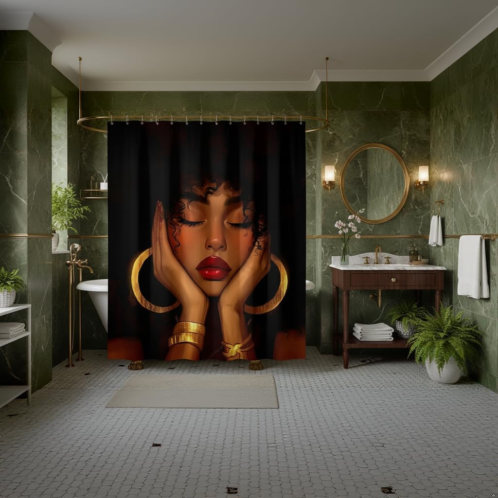Manfei African Ethnic Girl Waterproof Shower Curtains,Juneteenth Theme Black Skin Women Shower Curtain,Golden Jewel Glitter Luxury Black Modern Bathroom Accessories,Machine Washable,72" X 78"