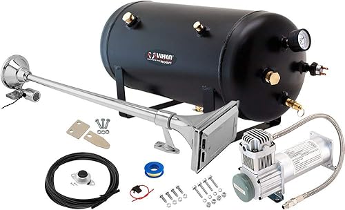 Vixen Horns Kit de bocina de tren para camiones/coche/semi. Sistema completo a bordo: compresor de aire de 200 psi, tanque de 5 galones, 1 trompeta.