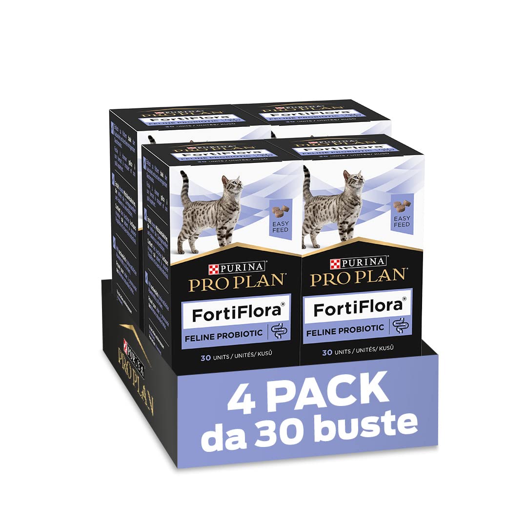 Pro Plan Forti Flora, mangime complementare per gatti per sostenere la salute intestinale, con probiotici, confezione da 4 (4 x 30 compresse masticabili)