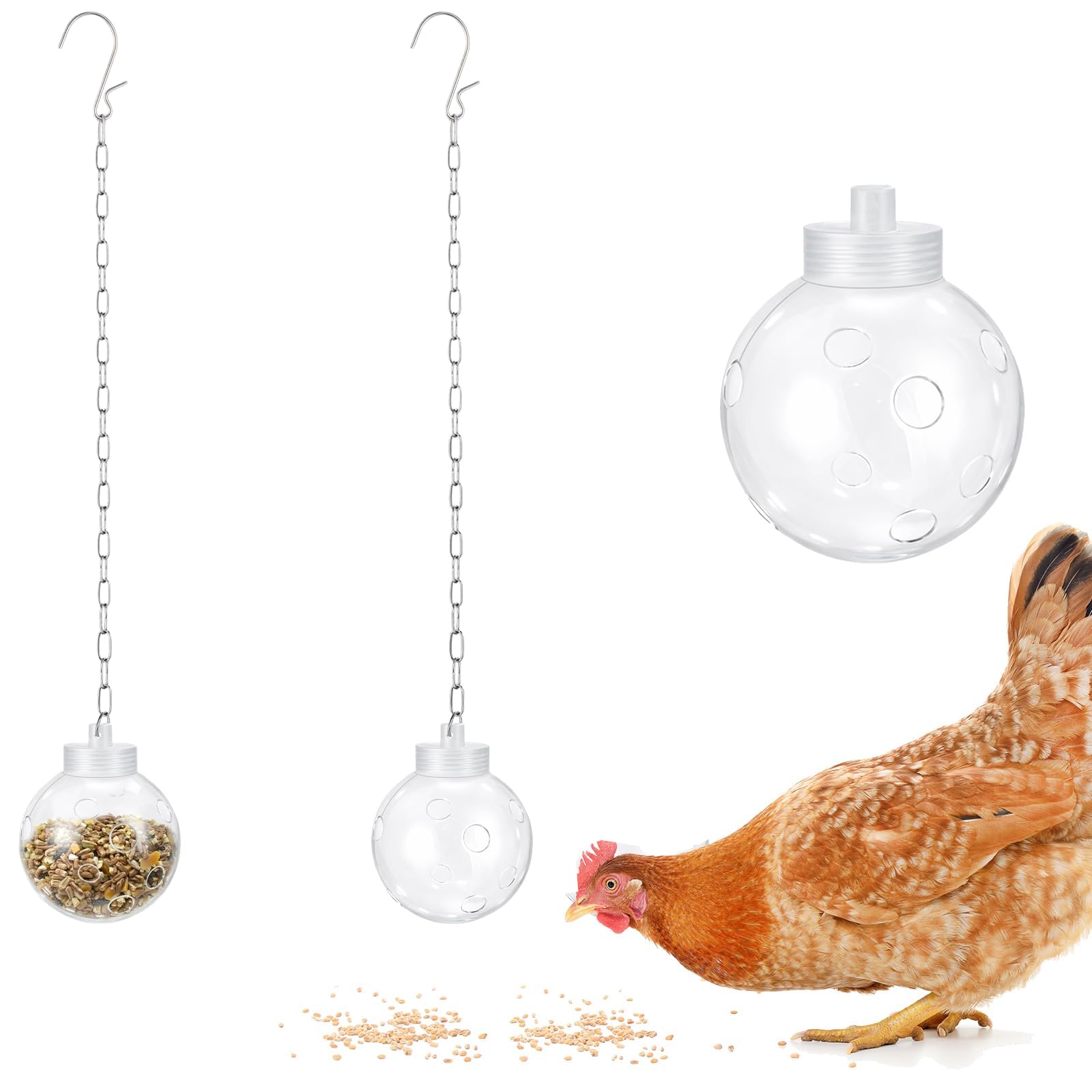 2 Pcs Chicken Treat Dispenser, Interactive Slow Feeder Hanging Chicken Treat Ball with Metal Chain, Pecking Foraging Toy, Durable Coop Accessory for Backyard Hens and Poultry Flock