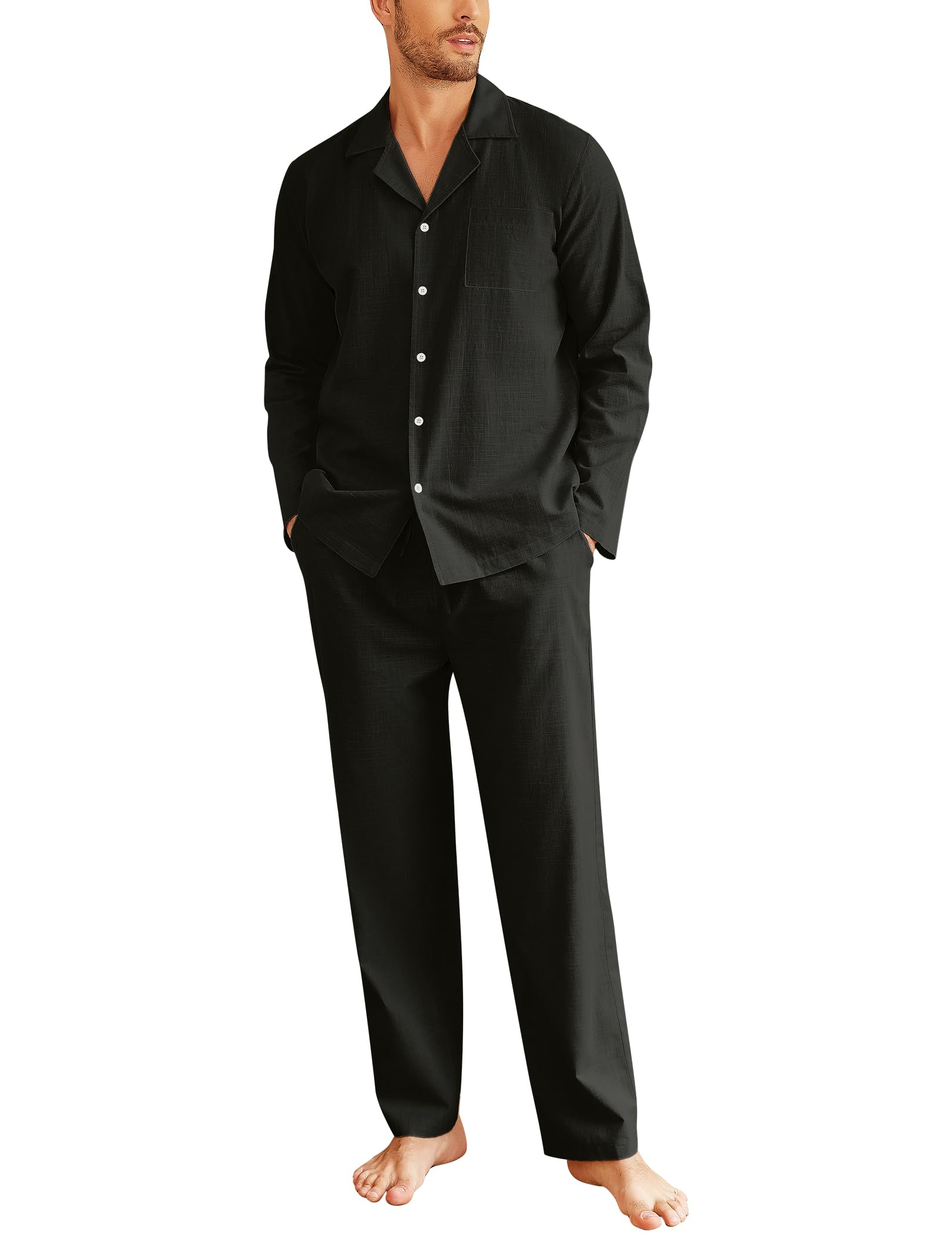 Ekouaer Schlafanzug Herren Lang Pyjama Baumwolle Zweiteiliger Nachtwäsche Langarm Loungewear Winter, S-XXL
