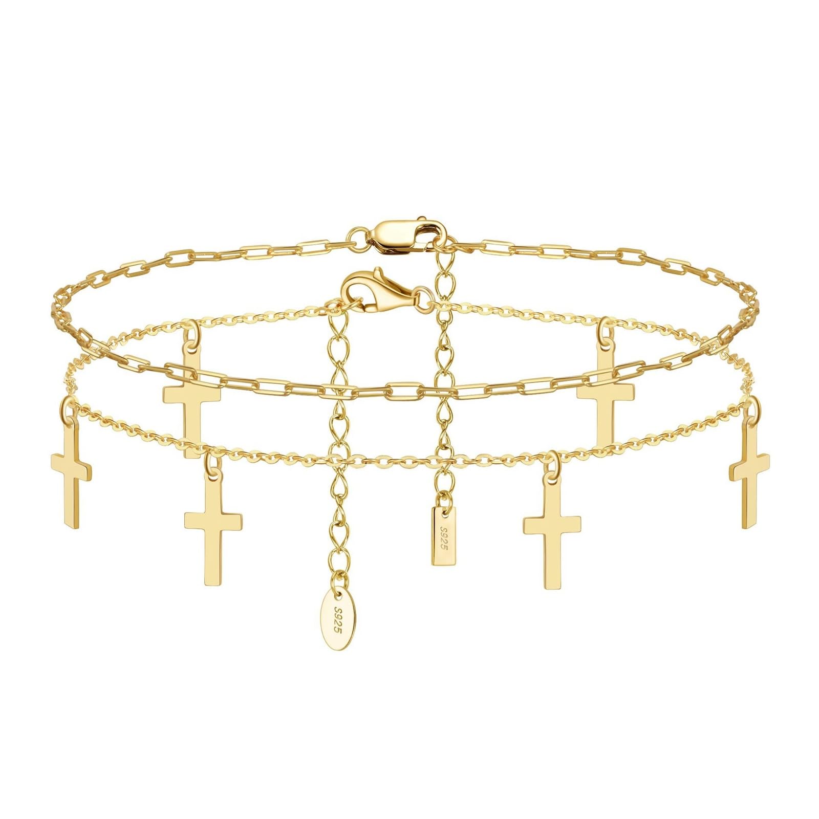 Cavigliera Argento 925 Donna, Cavigliera Donna Estiva A Doppio Strati con Pendente Croce Oro, Regolabile Fino a 26 cm - Bracciali alla Caviglia da Spiaggia Cavigliere per Donne