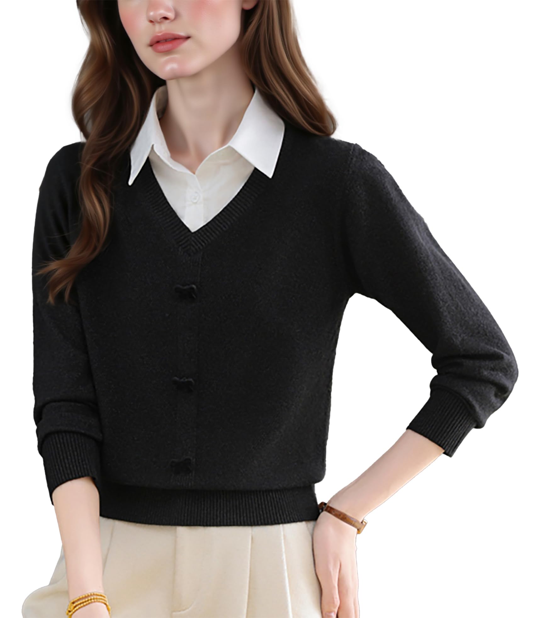 Womens V-Neck Sweaters 2 in 1 Long Sleeve Solid Pullover Knit Contrast Blouse