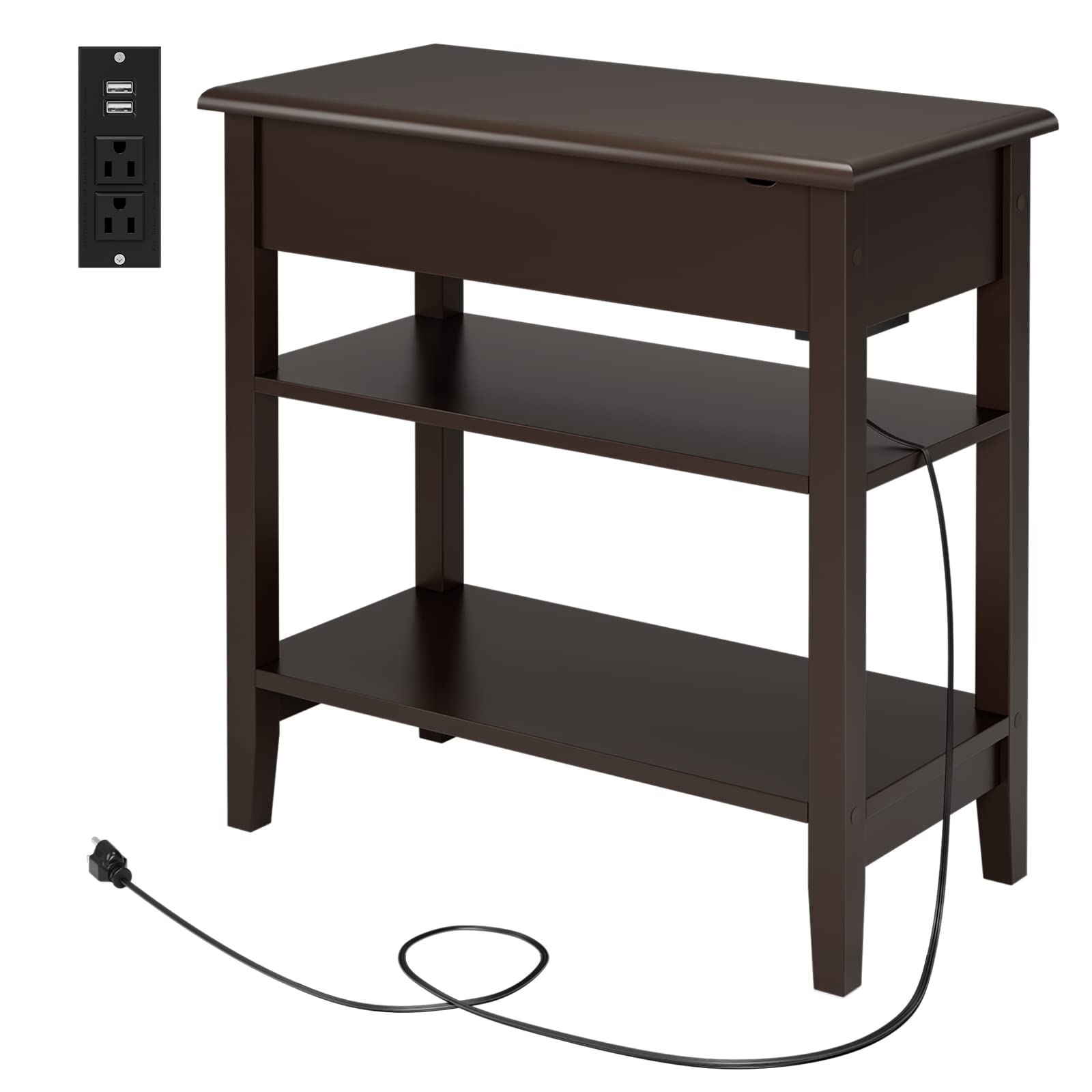 HORSTORS End Table with Charging Station, 3 Tier Narrow Nightstand with