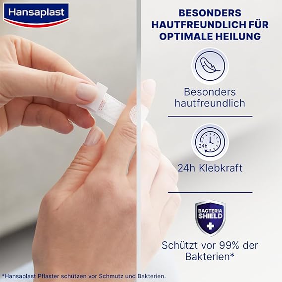 Hansaplast Sensitive Plasters (20 Strips), Skin-Friendly and Hypoallergenic Wound Plasters with Bacteria Shield & Secure Adhesion, Painlessly Removable