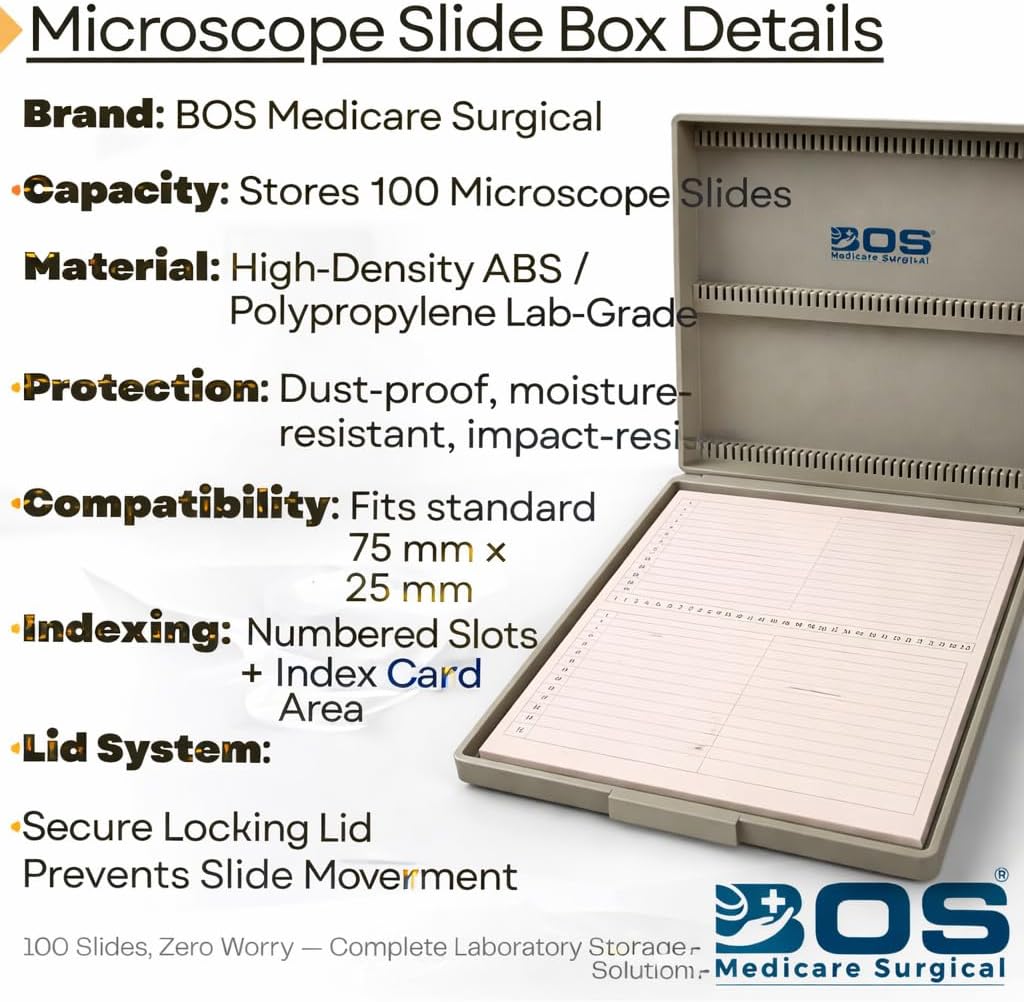 Microscope Glass Slide Box 100 Slots | Lab Sample Storage Case with Numbered Index Sheet & Locking Lid | Slide Organizer for Pathology, Colleges & Research