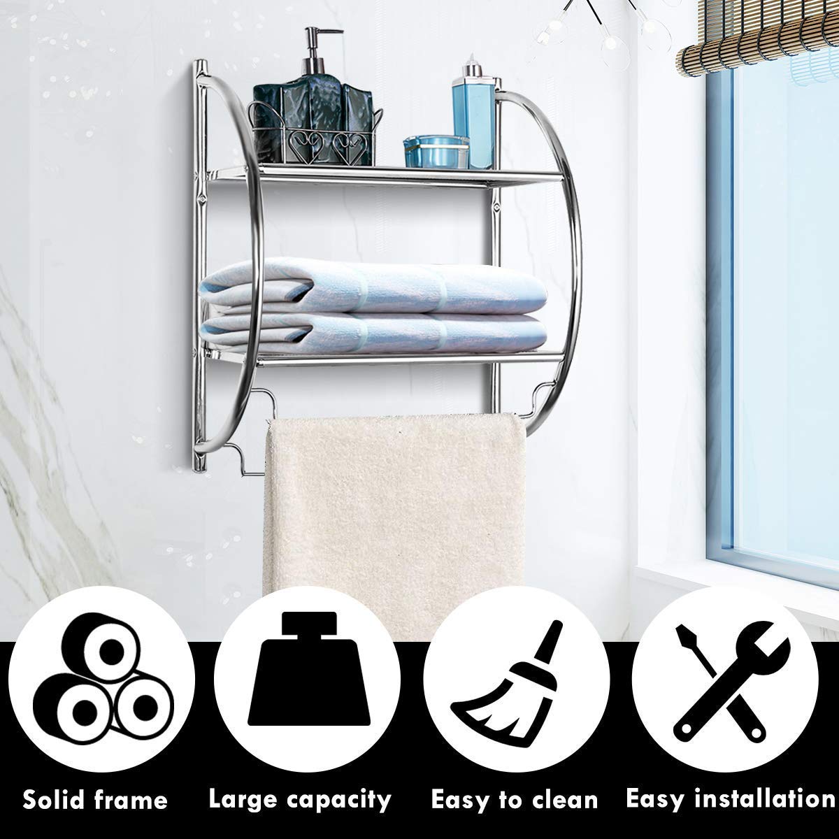 Estante de baño de 2 niveles con toalleros, estante de toalla montado en la pared con diseño de ahorro de espacio, estante de almacenamiento de baño cromado multifuncional para baño, 5