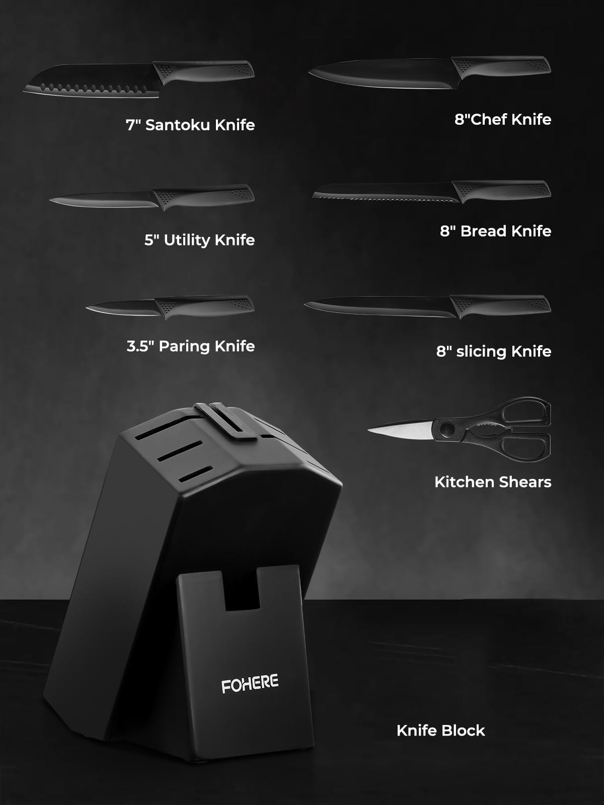 Juego de Cuchillos de Cocina con Bloque FOHERE 8 Piezas Bloque de Cuchillos con Afilador Integrado Acero Inoxidable Cuchillos Cocina Profesional, Negro