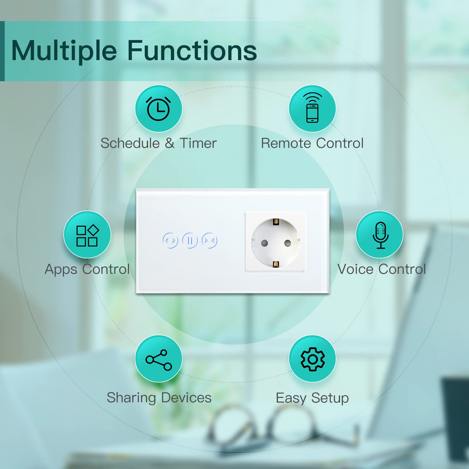 BSEED Przełącznik WiFi Smart Alexa z gniazdkiem, kompatybilny z Google Home Tuya, szklany przełącznik ekranu dotykowego, przełącznik żaluzji (wymagany przewód neutralny), biały