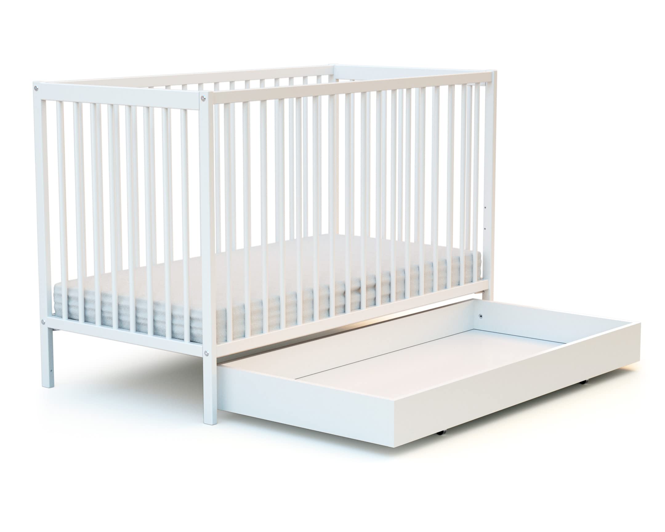 AT4 - ESSENTIEL Cajón de Cama Blanco | Para cuna 60x120 cm | Cajón universal de madera | Cajón con 4 ruedas | Altura 15cm | Almacenamiento práctico y discreto | Ahorro de espacio