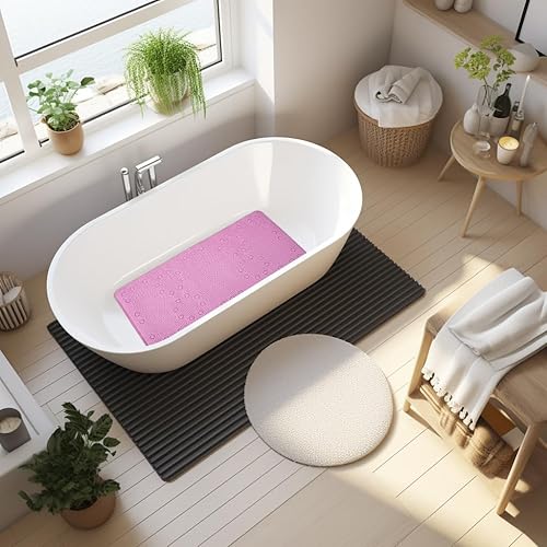 Miniatura 8 de Tapete antideslizante de 36 x 17 pulgadas, tapete de ducha rosa de espuma suave para bañera, tapete de bañera con orificios de drenaje, ventosas,