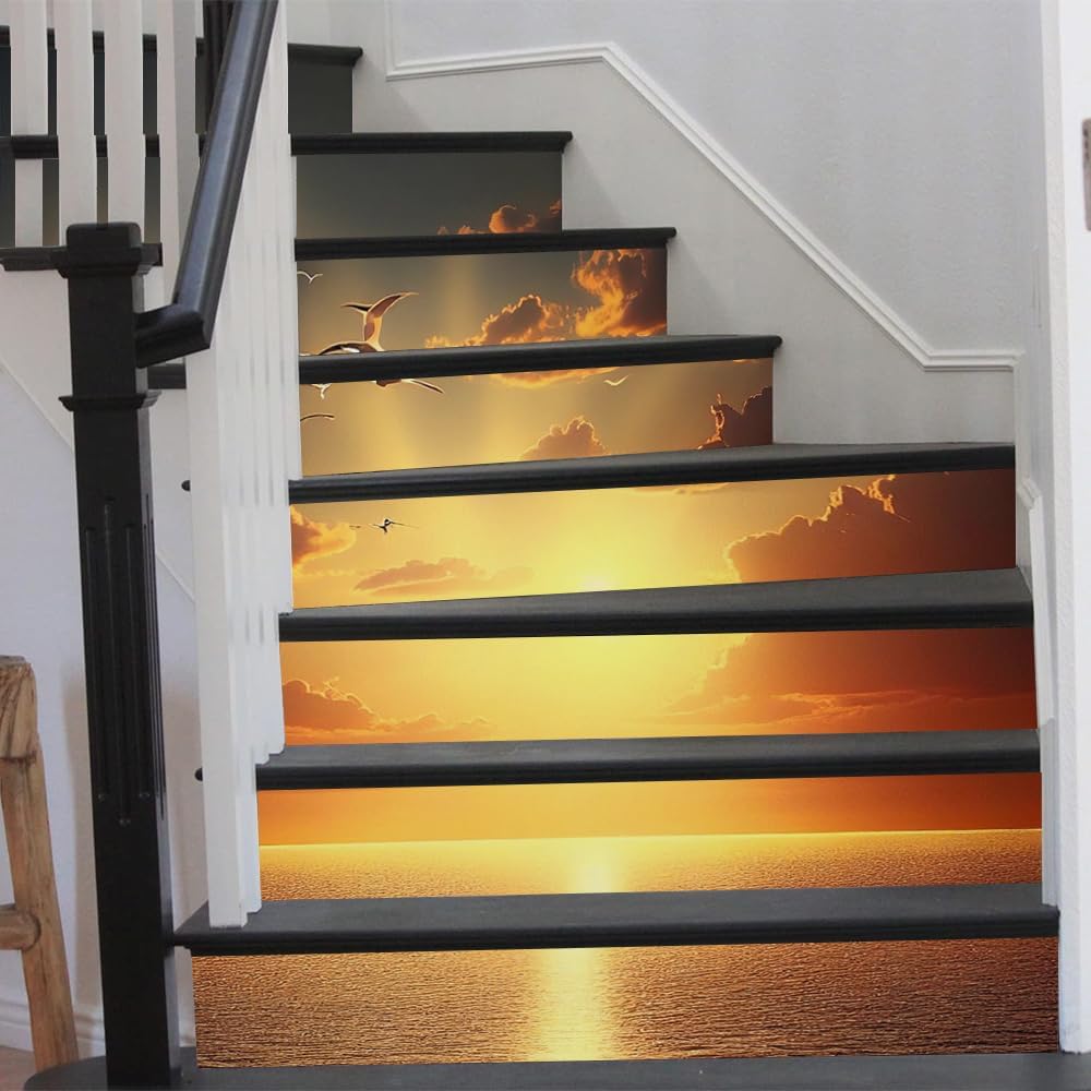REDAMANCY Sunset Ocean Beach Landscape Peel and Stick Vinyl Stair Riser Decals Staircase Tile Stair Stickers Abstract Art Modern Decoration Self-Adhesive Home Decor Stair Decals (14 Pcs)