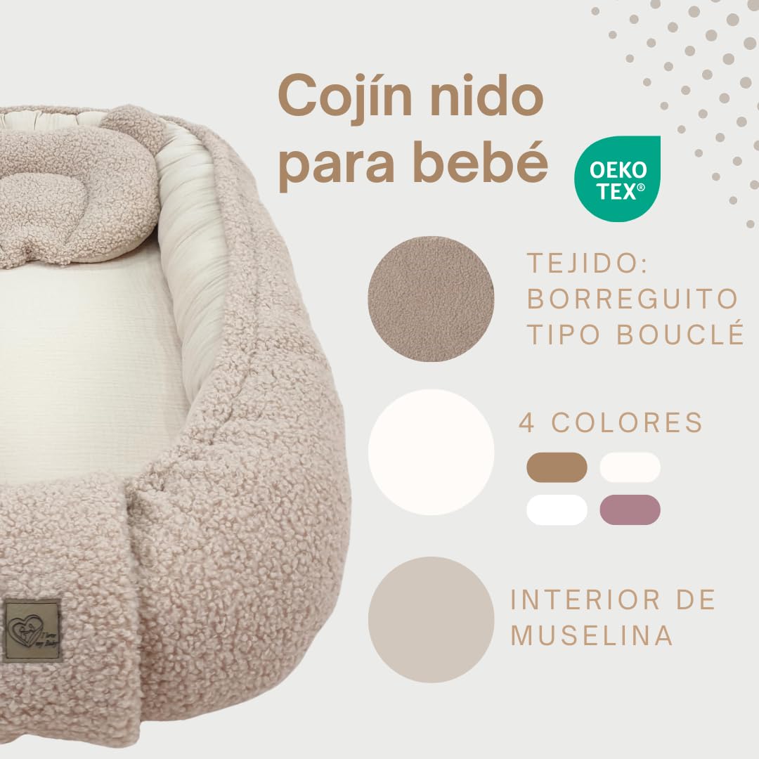 WIKLINOPOL Set Babynest Beige – Baby Nest para recién nacido, nido & cocoon con cojín Bärchen, manta & dou dou – Canastilla bebé transpirable de muselina & peluche Teddy