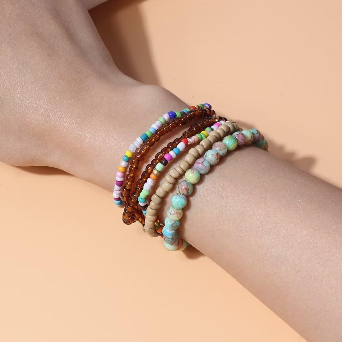 Handmade Stackable Colorful Beads 5-6pcs Adjustable Multi layered Bracelets Set for Women Boho Multicolor Seed Stretch Wristbands Bohemian Summer Beach Jewelry Gift - Image 3