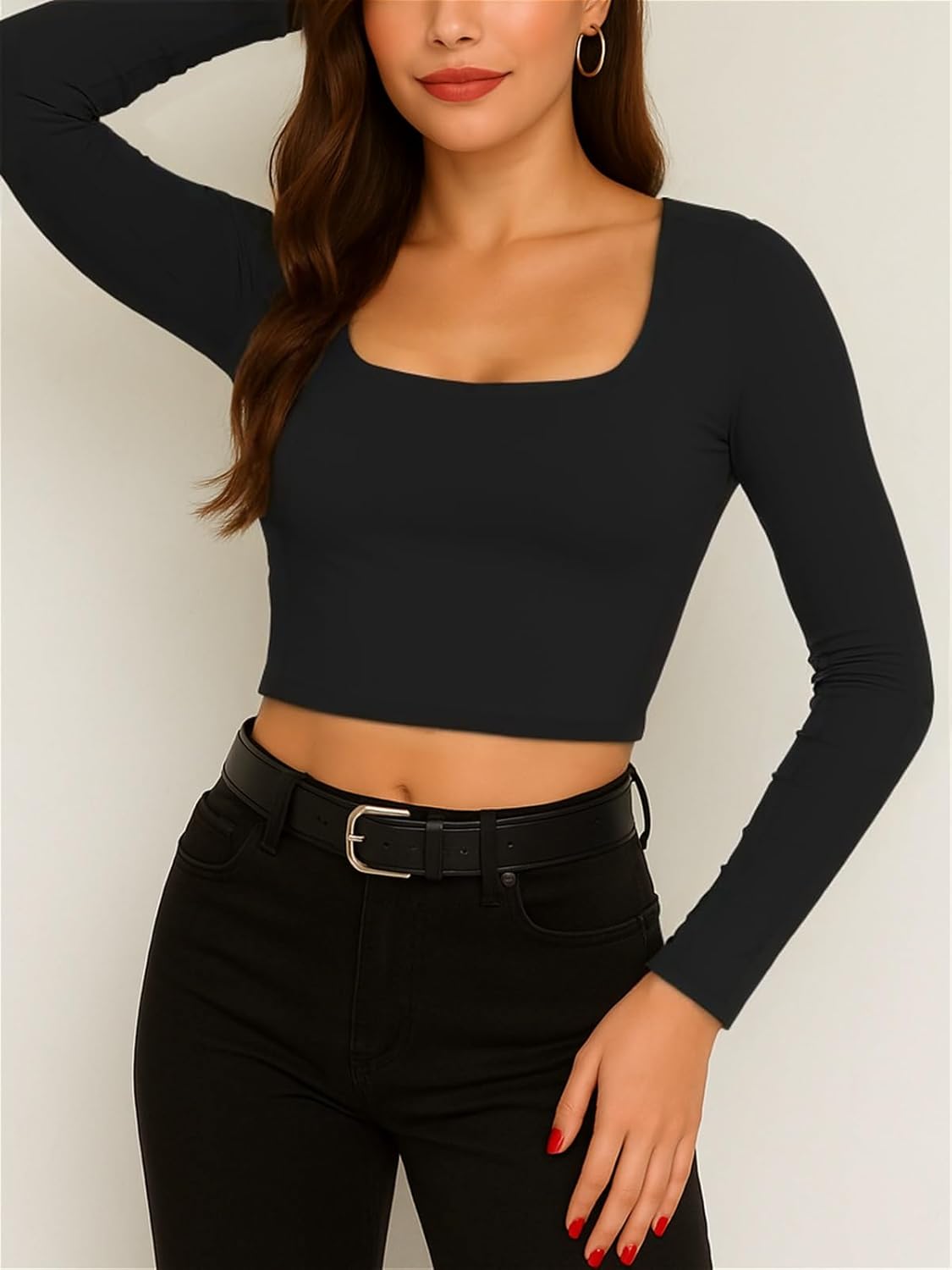 ForeFair Womens Square Neck Long Sleeve Crop Top Basic Going Out Top Tight Shirts Double Lined Tee - Image 7