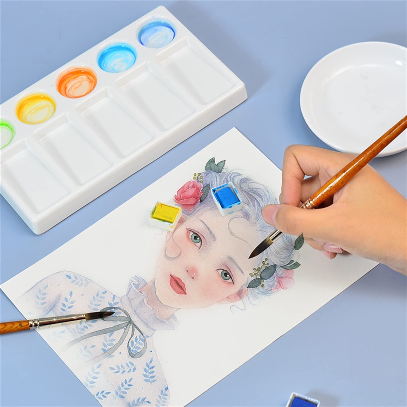 Ceramiczna paleta farb artystycznych, taca porcelanowa do akwareli, paleta do mieszania kwiatów 1 szt. prostokątna wielokratkowa biała, artykuły artystyczne odpowiednie do nauczania