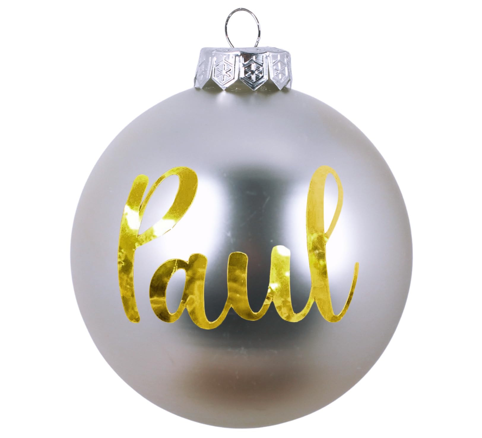 Personalised Christmas Ball with Name or Eesired Text, Diameter 10 cm, Christmas Tree Ball Made of matt/glossy Glass, Individual Christmas Decorations, Golden Text (Silver Matt)