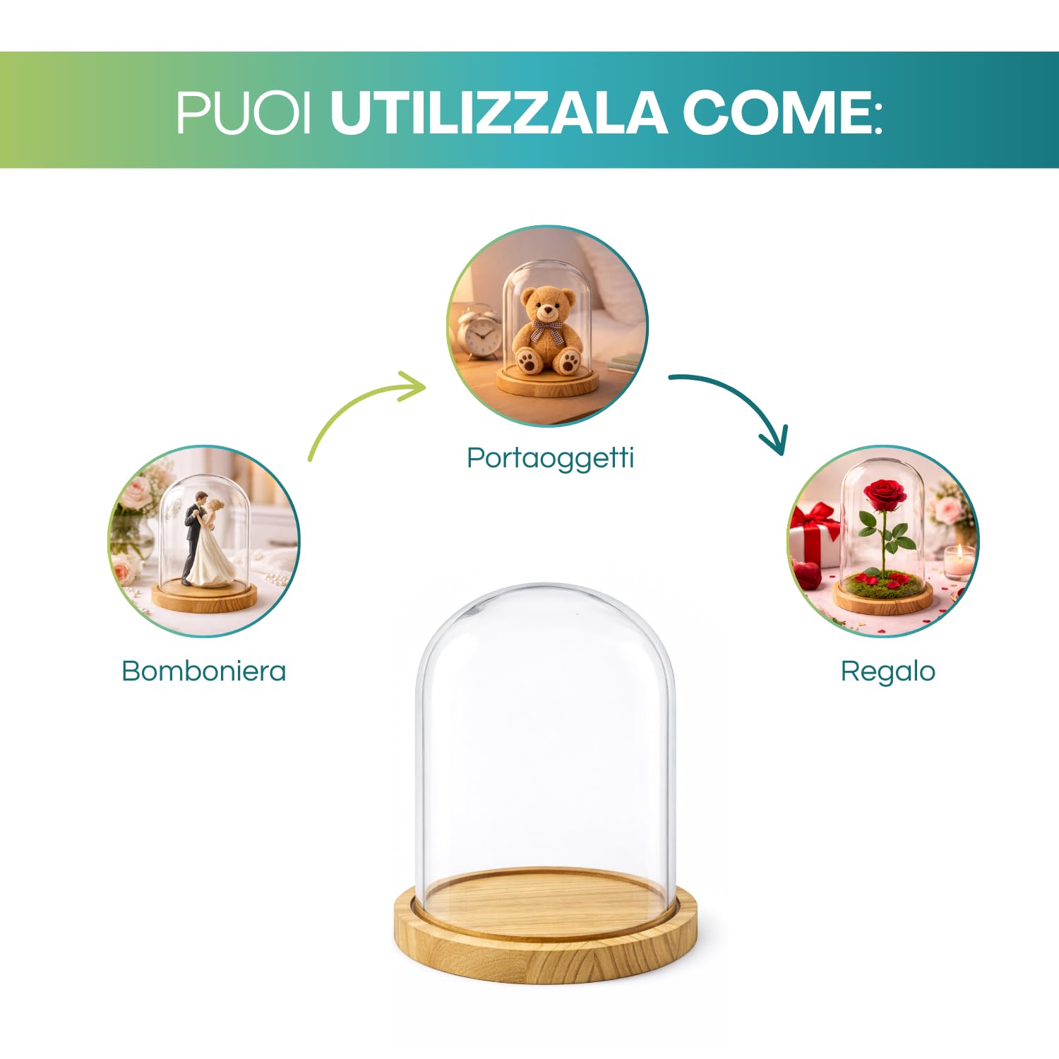 PALUPLUS Campana in Vetro con Base in Legno, Teca in Vetro Trasparente, Espositore per oggetti, composizioni floreali e luci, oggetto decorativo per la tua casa -953M -2,1 (17x25 cm)