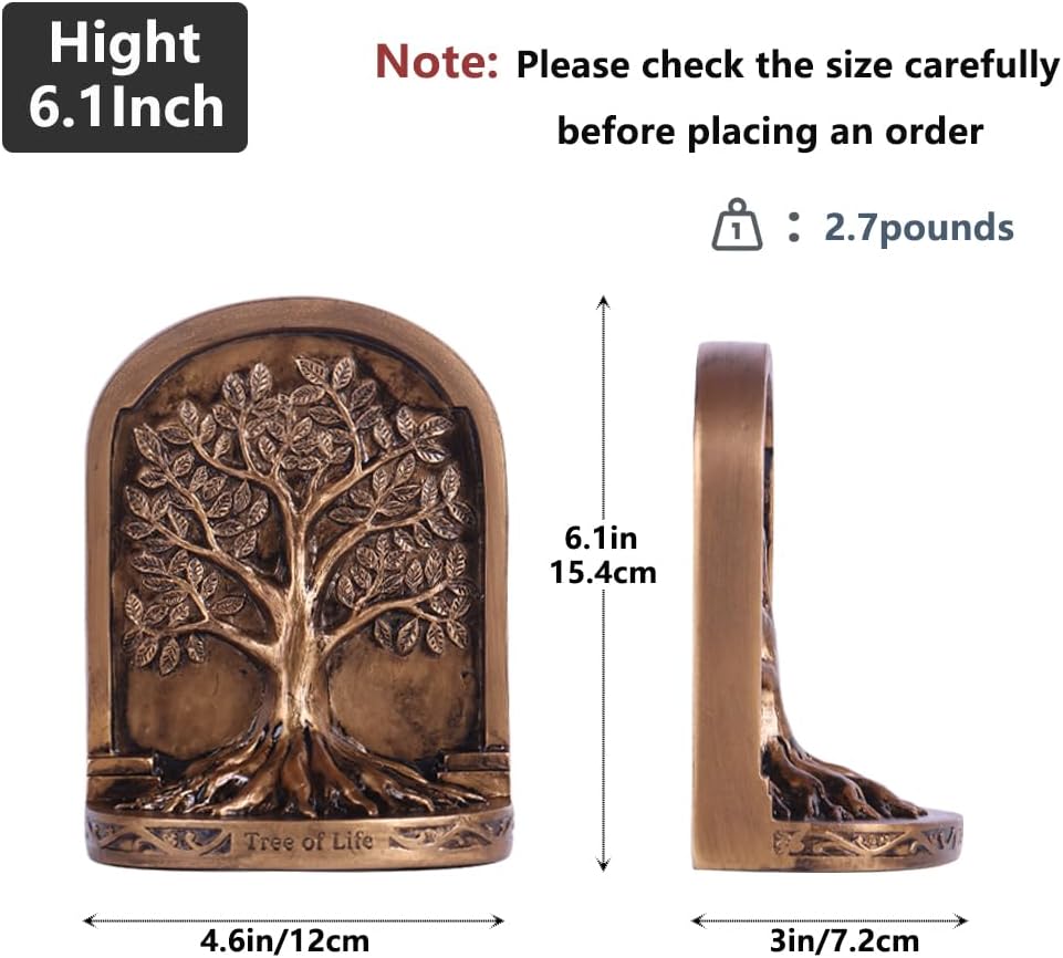 Tree of Life Bookends Set – 6.1" Resin Decorative Bookends, Antique Bronze Finish, Non-Skid Heavy Duty Support for Books, Bookshelf Decor, Office, Library, Housewarming Gift