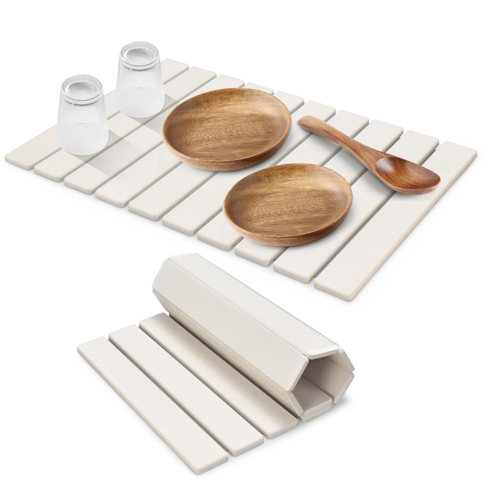 Sopan White Large Stone Dish Drying Mat For Kitchen Counter, 24"(L)×16"(W) Fast Dry Super Absorbent Collapsible Dish Drying Mats, Eco-Friendly Diatomaceous Earth Mats For Dishes Bottles Cups,Match Any Countertop(