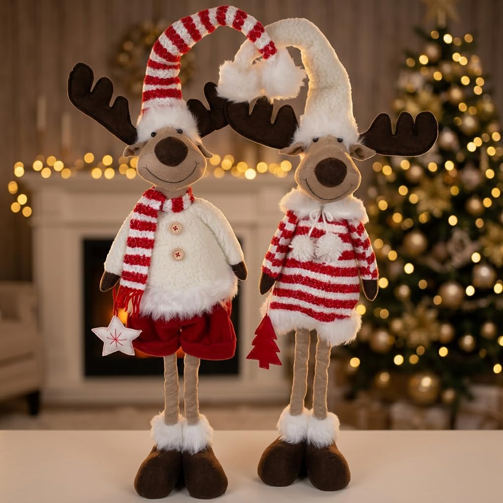 XL Weihnachts-Elch 60cm ausziehbar (80cm) im 2er Set Teleskopbeine Rentier rot-weiß