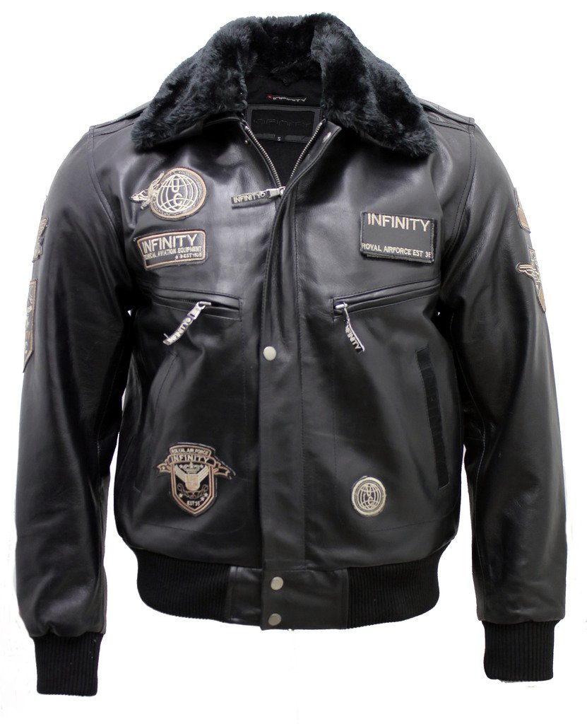 Infinity Men's Black Cow Hide Leather Flight Bomber Jacket with