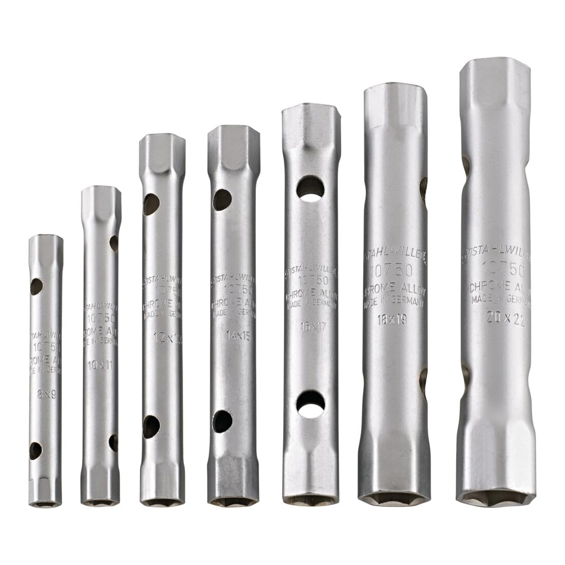 Stahlwille 10750N/11 Box Wrench Set, Precision Steel Tubing, Chrome Alloy Steel, Chrome Plated, Size 6mm x 7mm to 30mm x 32mm, 11 Piece
