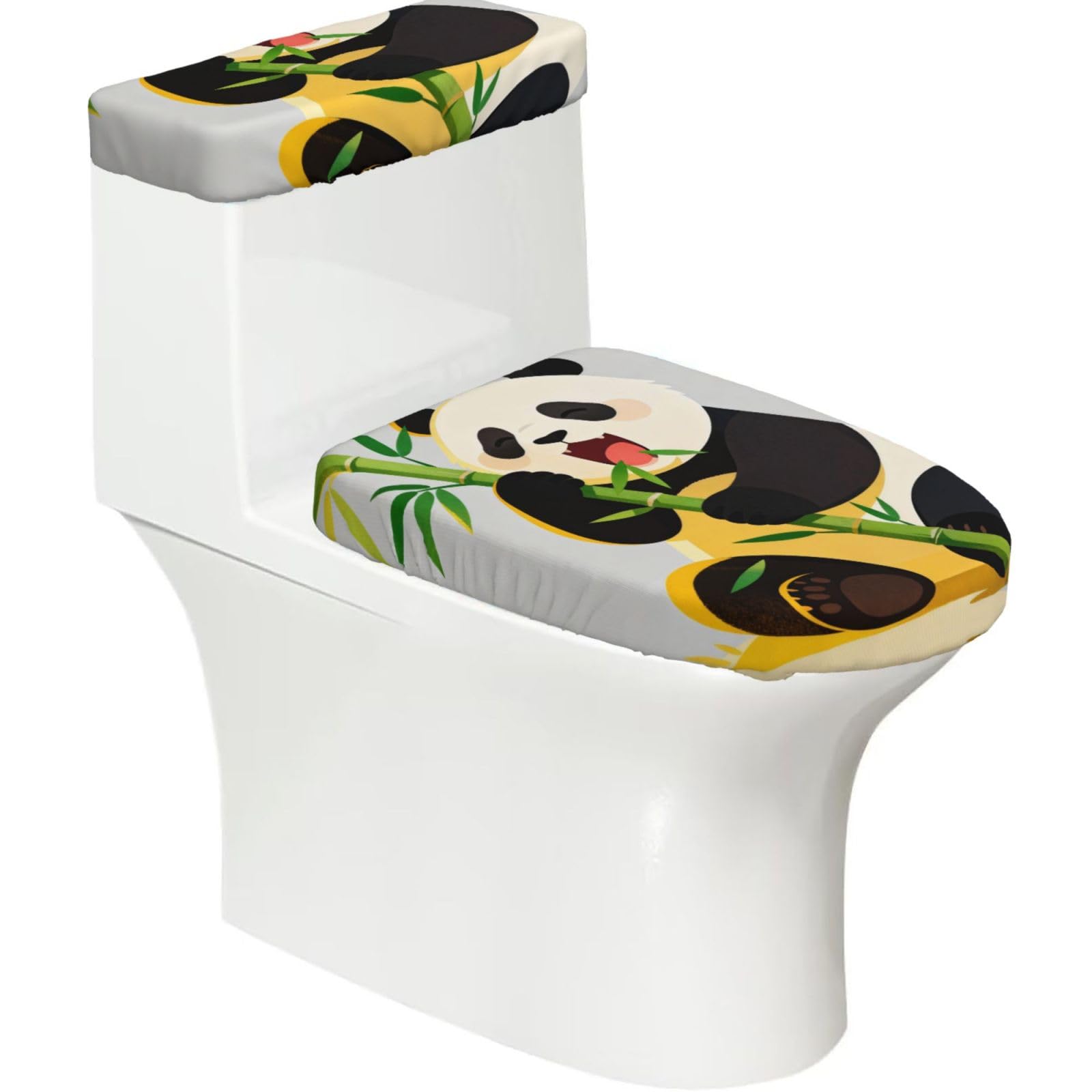 Panda Eat Bamboo Elastic Toilet Cover Set of 2-Stretchy Lid and Tank Covers for Bathroom, Soft Washable U Shape Toilet Decor