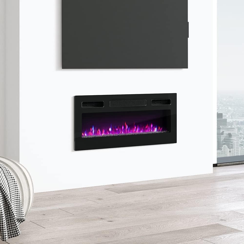 Meble Furniture 31.5" Electric Fireplace Wall Mounted Heater — Remote Control with 3 Adjustable Flame Colors — Tempered Glass Panel, 31.5 x 5.9 x 15.7 inches — Black