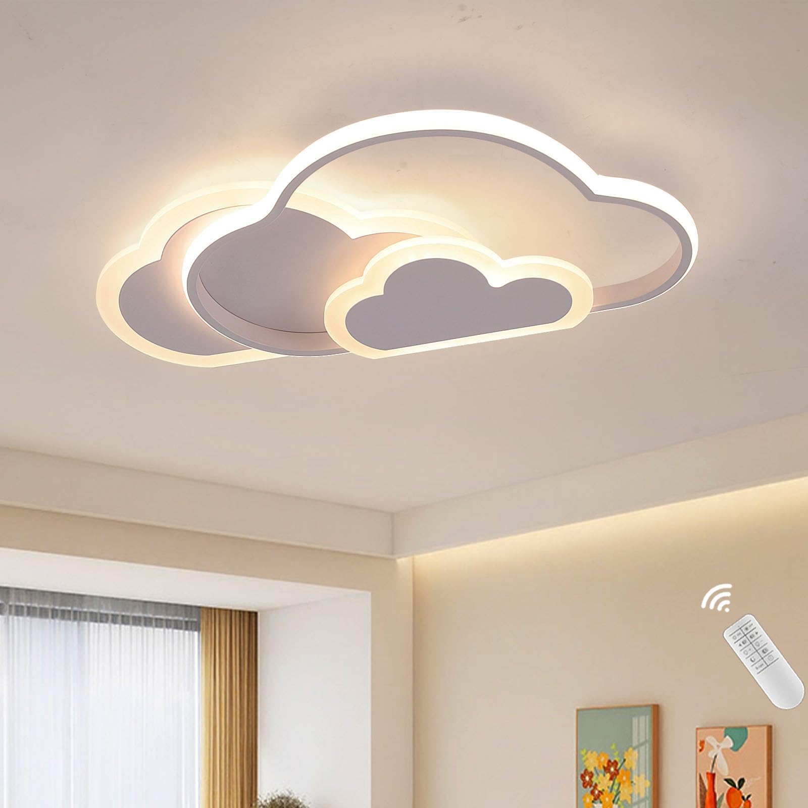 minifair Creative Cloud Shape Ceiling Lamp with Remote Control Dimmable, Acrylic Ceiling Light Flush Mount for Living Room Bedroom Hallway and Children's Room,42 * 23cm 36W,White