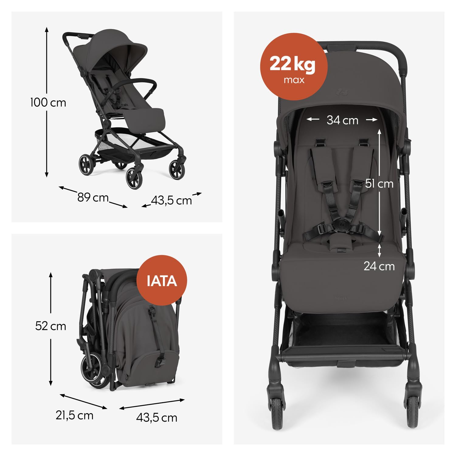 Hauck Lite N Care Ultraleichter Carbon City- & Reisebuggy, Klein Faltbar IATA-konform, Liegefunktion bis 22 kg, UPF 50+, Dark Anthracite