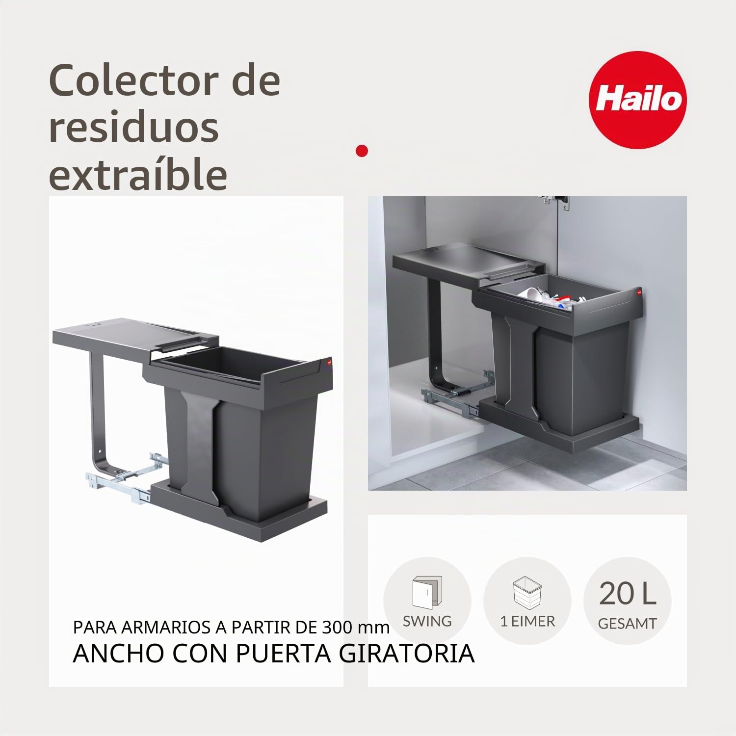 Hailo Cubo de basura 3635001, modelo Solo con extracción manual, cubo interior de 20 litros, para armarios a partir de 300 mm de ancho con puerta giratoria, color antracita | de ancho de mueble/cubo de basura/recolector de basura/cubo