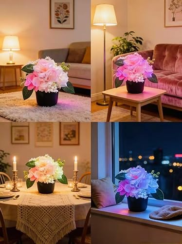 Arreglo floral artificial, rosa, vegetación, flor falsa con luz LED RGB, decoración del hogar, lámpara de flor de rosa, regalo para mujeres, día de