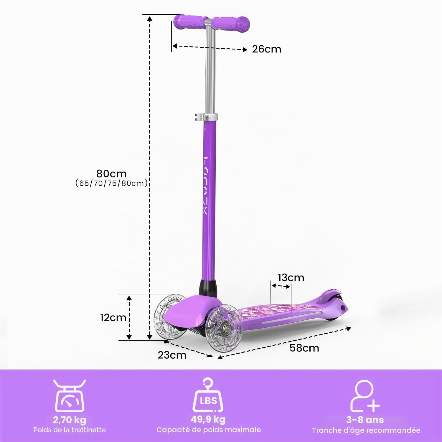 TONBUX Trotinette Enfants 3-8 ans, Trottinette pour Enfants avec Colonne, Roues et Plateau Lumineux, Plateau Métallique Renforcé, Hauteur Réglable 65–80 cm, Frein Arrière Réactif, Lean to Steer Design