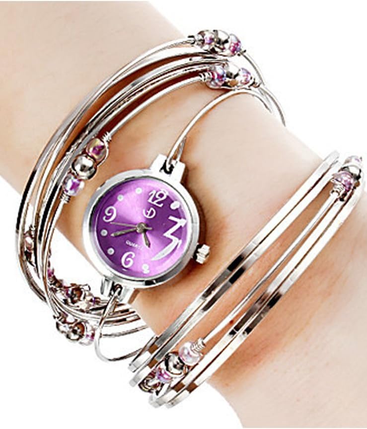 Women's Dress Silver Steel Bracelet Bangle Beads Decoration Wrist Watch