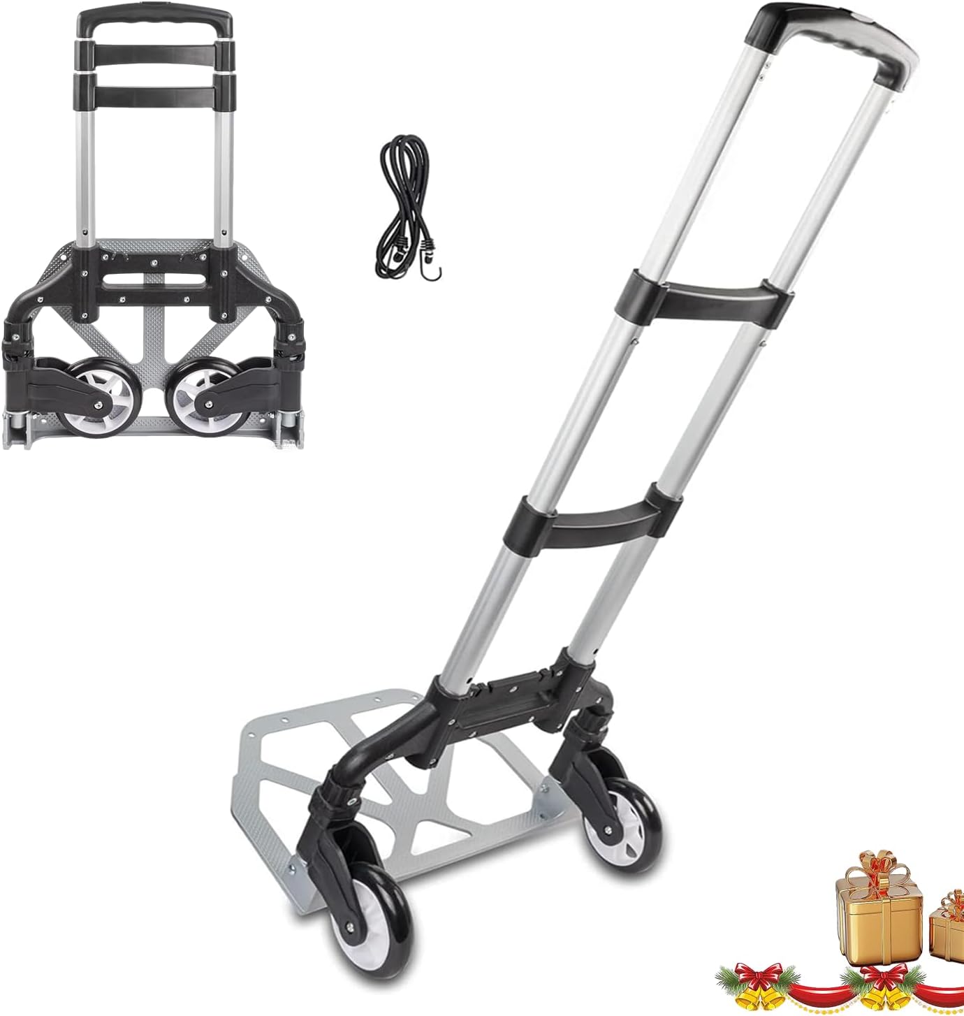 Folding Hand Truck Dolly, Aluminum Portable Foldable Dolly Cart, 200 lbs Capacity Collapsible Hand Cart with Wheels, Ideal for Shoping, Office, Travel, Moving, Black