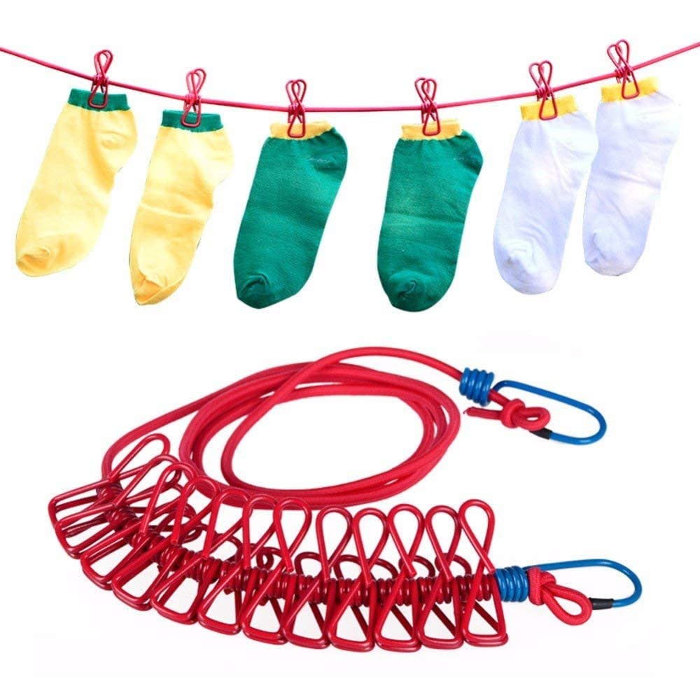 PACQUITA Windproof Drying Clothes Hanger Clothes Line with 12 Clips Drying Rack Clothes Line Travel Supplies Wind-Proof Hanging Rope (Multicolor) (1 Rope)