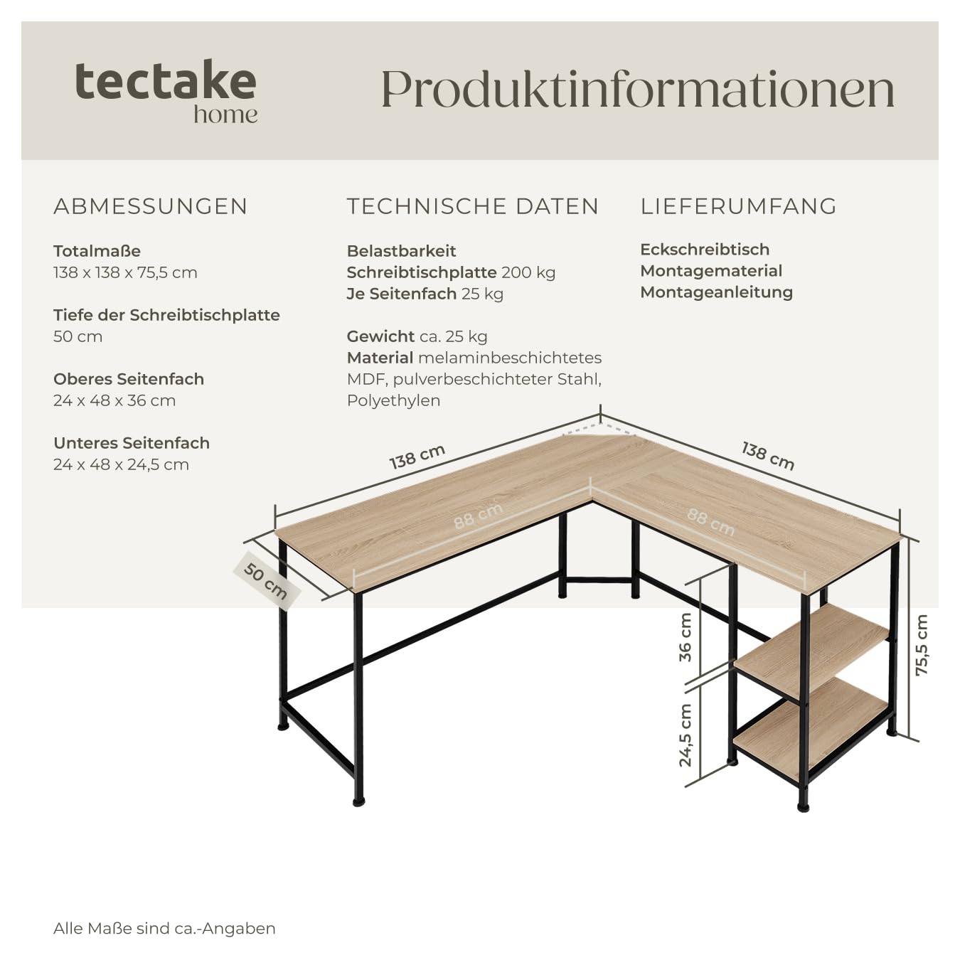tectake® Schreibtisch L Form, Eckschreibtisch mit Monitoraufsatz, Industrial Schreibtisch, Gaming Tisch, Computertisch, für Home Office, Büro - 138x138x75,5cm - Industrial Holz hell, Eiche Sonoma