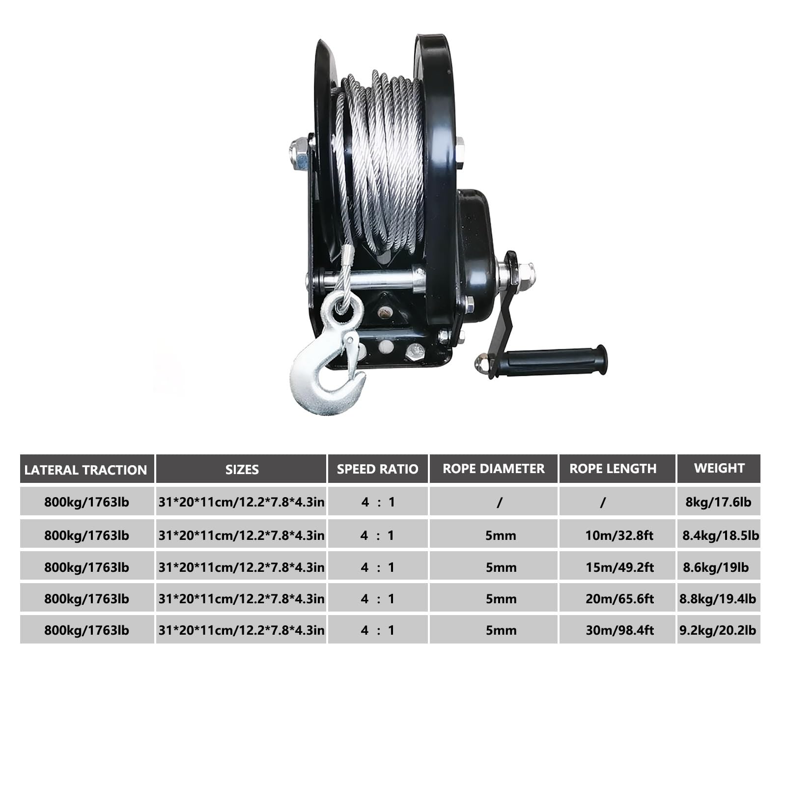 High-Performance Marine Winch 800 kg/1763lb Capacity 20 m Wire Rope Anti-Shedding Hook Dual Direction Ratchet 10 m Size Ideal für Boat Trailer and Off-Road Applications