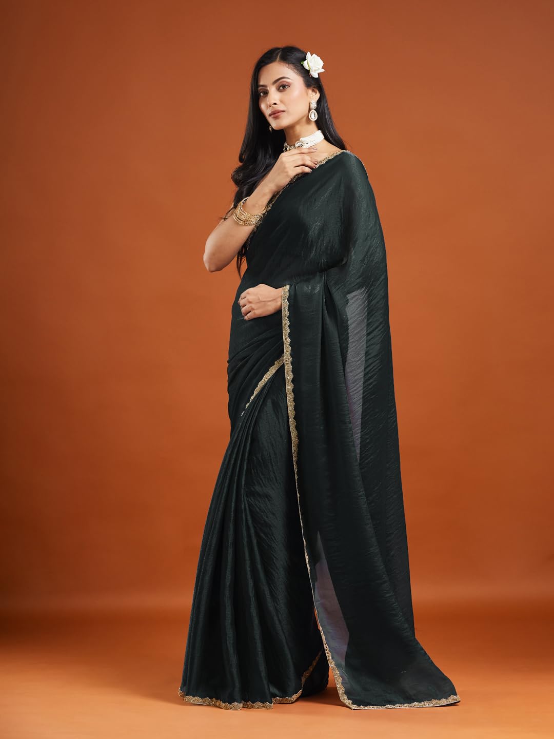 LOROFY Women's Chiffon Two Tone Saree (With Blouse) (Black) - Image 3 thumbnail