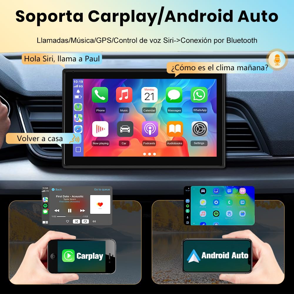 Junsun Pantalla para Coche 7" con CarPlay/Android Auto Inalámbrico, Pantalla Táctil con Soporte Magnético, Bluetooth, MirrorLink, FM y Cámara Trasera