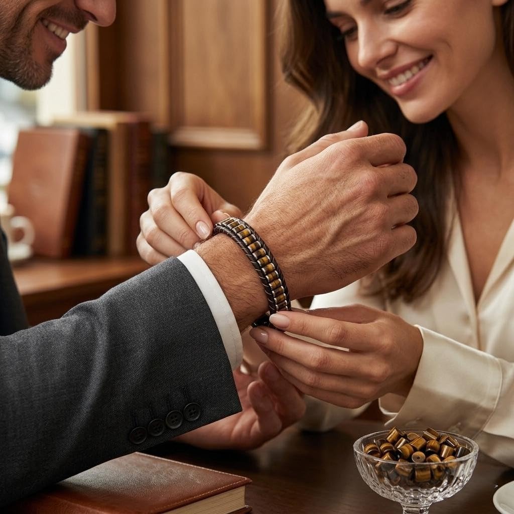 Bracelet Œil de Tigre Homme - Bracelet en Pierre Naturelle pour Homme - LesBacos Bijoux Masculins avec Détails en Cuir, Fermoir Magnétique Noir Brillant